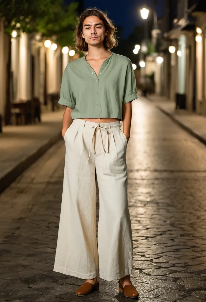 Man wearing an everyday feminine look with a sage green cotton blouse and wide-leg cream linen trousers in natural fabrics