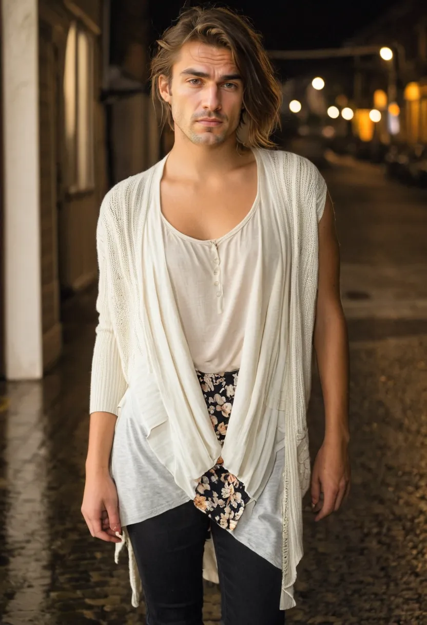 Boy wearing a soft cream knit cardigan layered open over a floral blouse, loose layered textures
