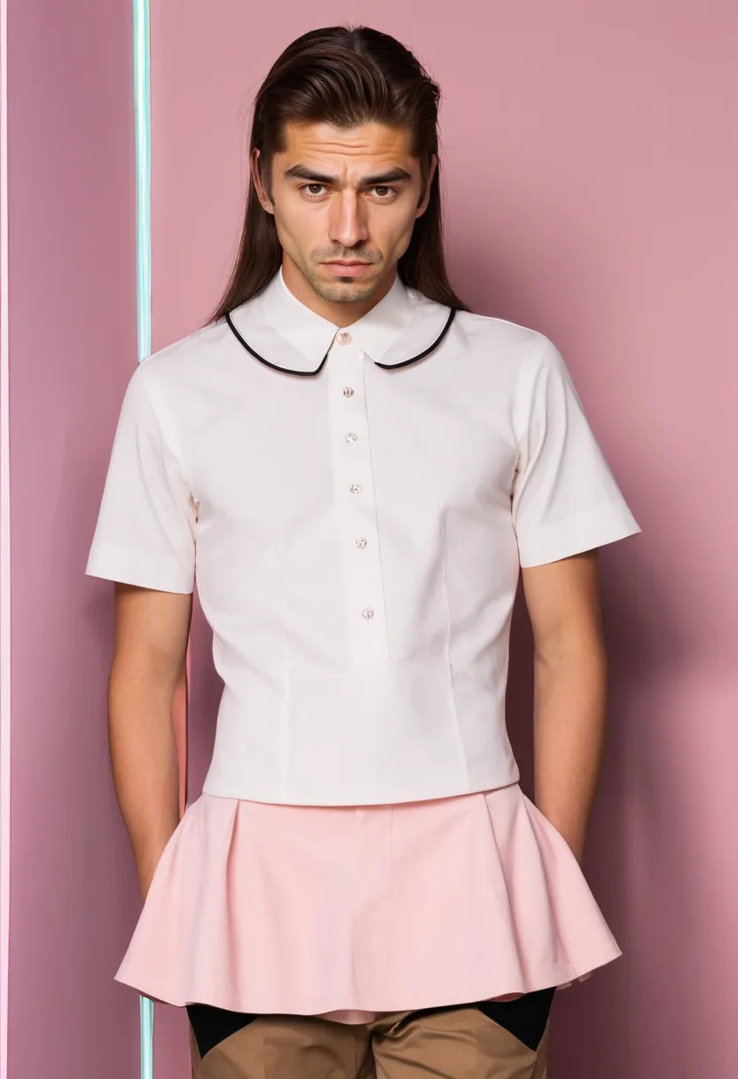 Key garments of Japanese feminine man style featuring a soft pink A-line skirt and crisp fitted blouse with architectural collar