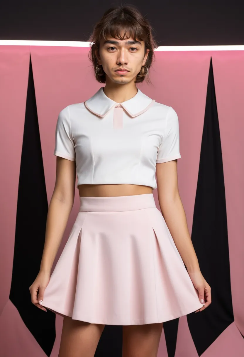 Femboy fashion Japan staples: pink flared skirt and structured-collar blouse with precise clean construction under holographic lighting