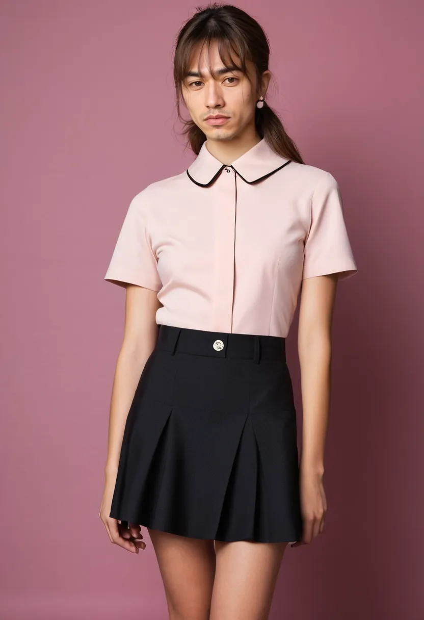 Boy wearing essential Japanese feminine fashion pieces including a flared soft pink skirt and fitted blouse with a large structured collar, shot in a neon noir studio
