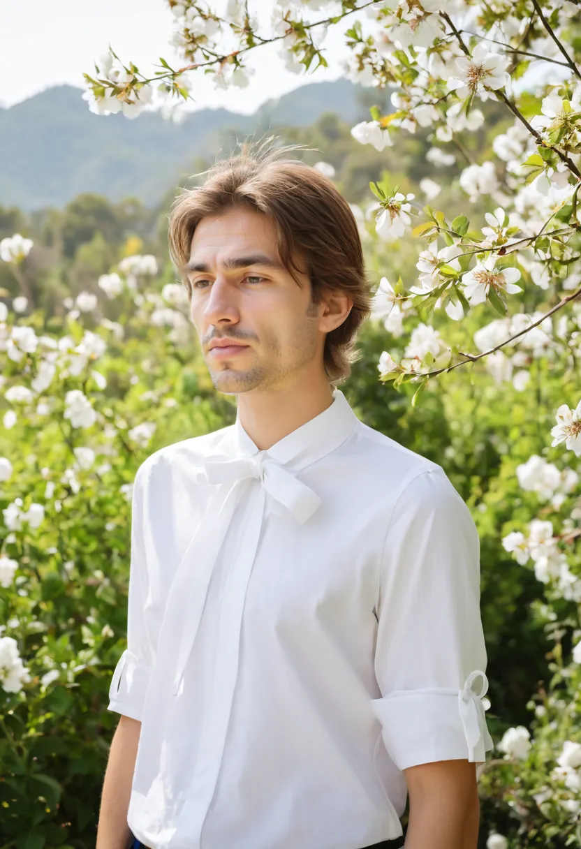 Minimalist feminine bow top for men in smooth bright white cotton with delicate collar ribbon