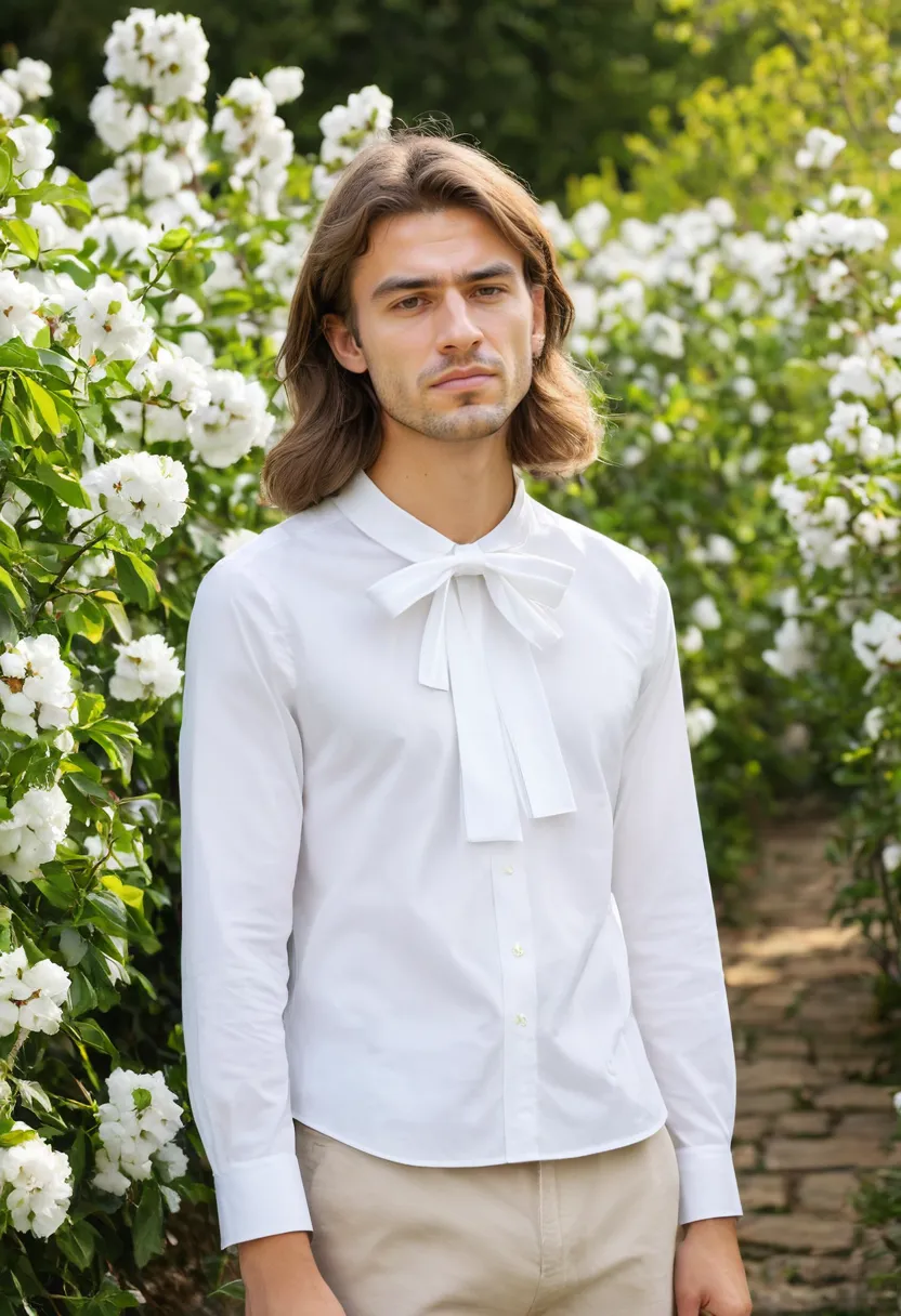Slender neat ribbon bow at collar on bright white cotton blouse with precisely folded loops