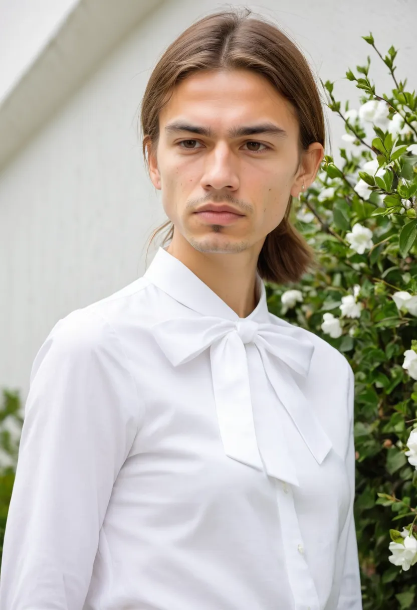 Man in minimalist crisp white cotton blouse with single slim ribbon bow at collar, clean simple lines