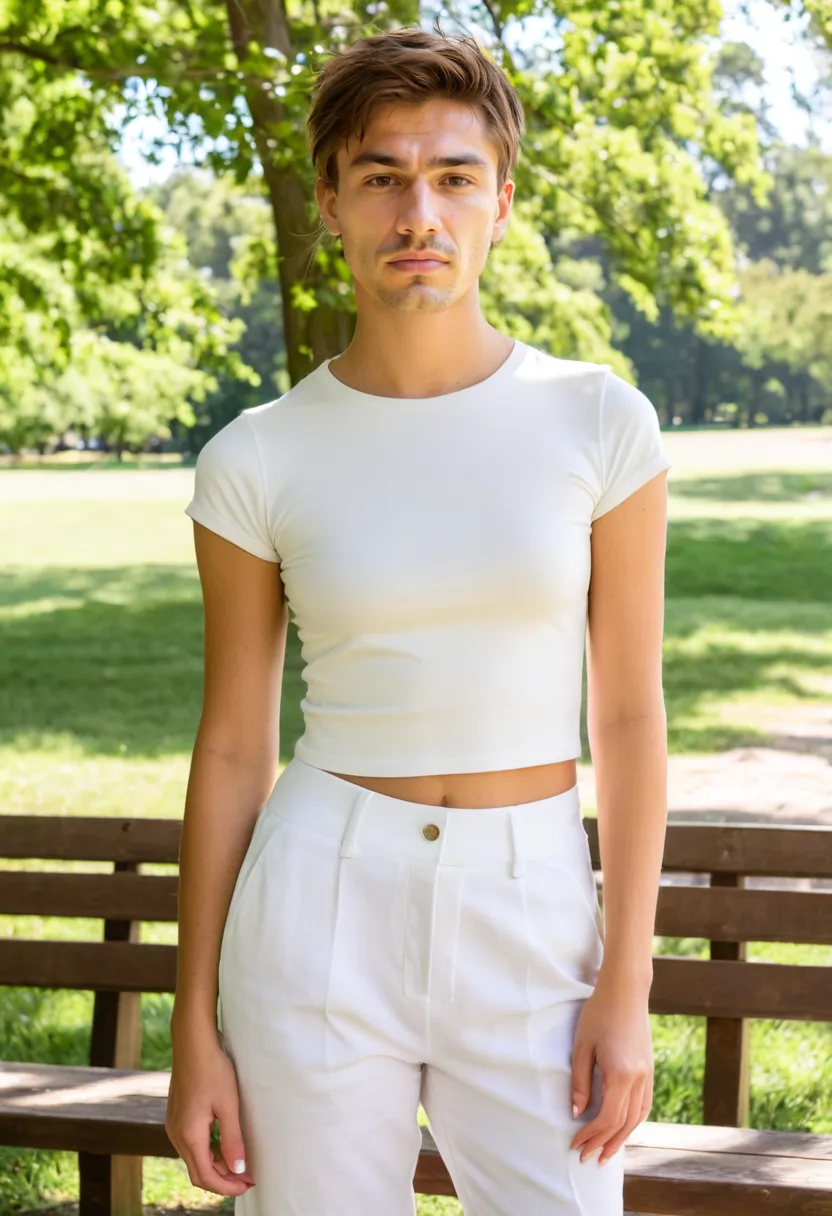 Man wearing a fitted crop top in soft white cotton with hem ending just below the ribcage