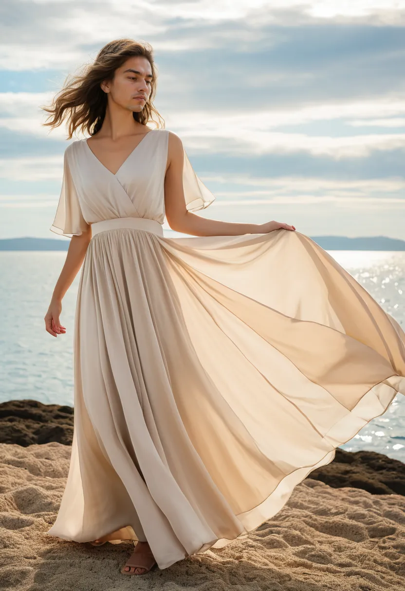 A man wearing a luminous pale champagne flowy dress with subtle shimmer catching the light