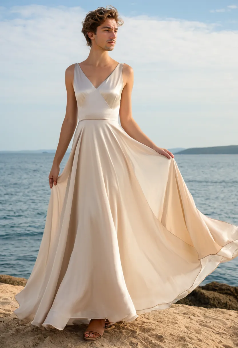 A man wearing a flowing dress in pale champagne with lightweight satin-backed chiffon, a V-neckline, and a delicately shimmering skirt