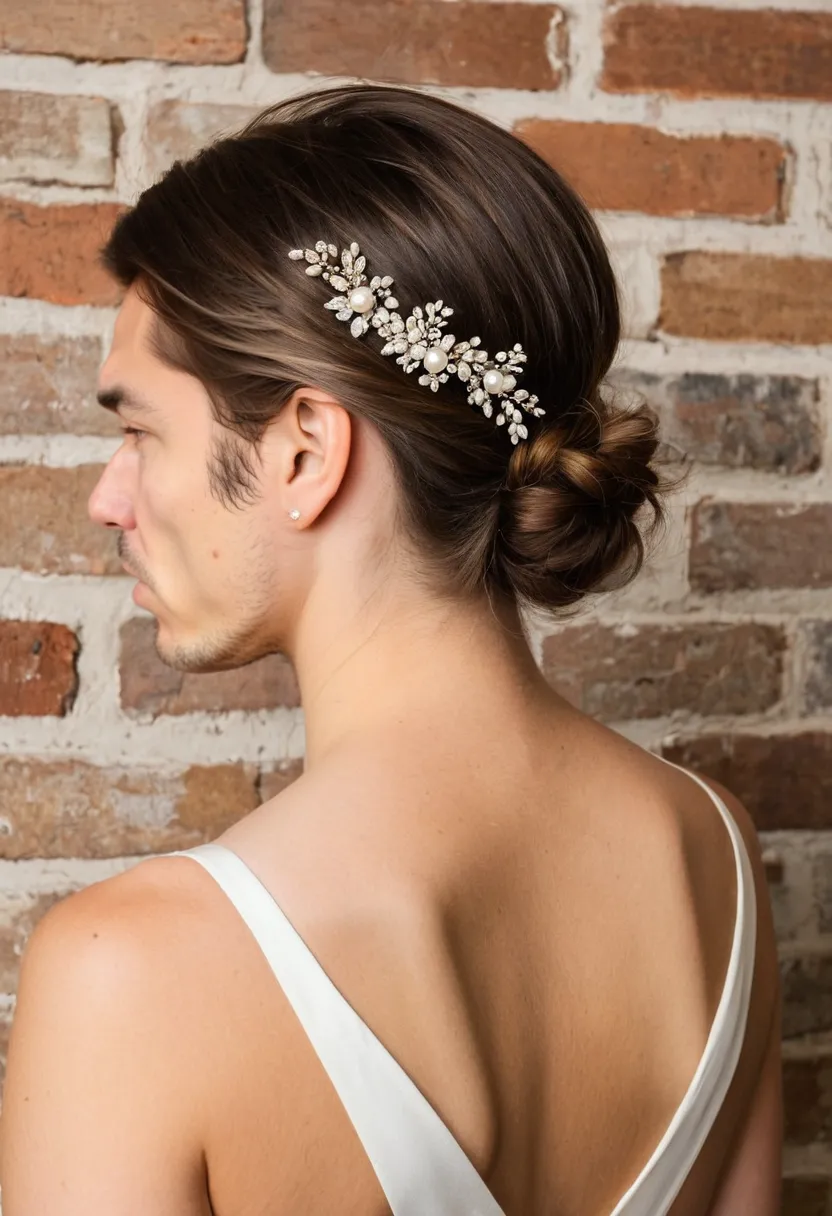 Boy wearing multiple pearl and floral hair pins arranged through a soft hairstyle with small pearl-topped pins and tiny ivory floral clips