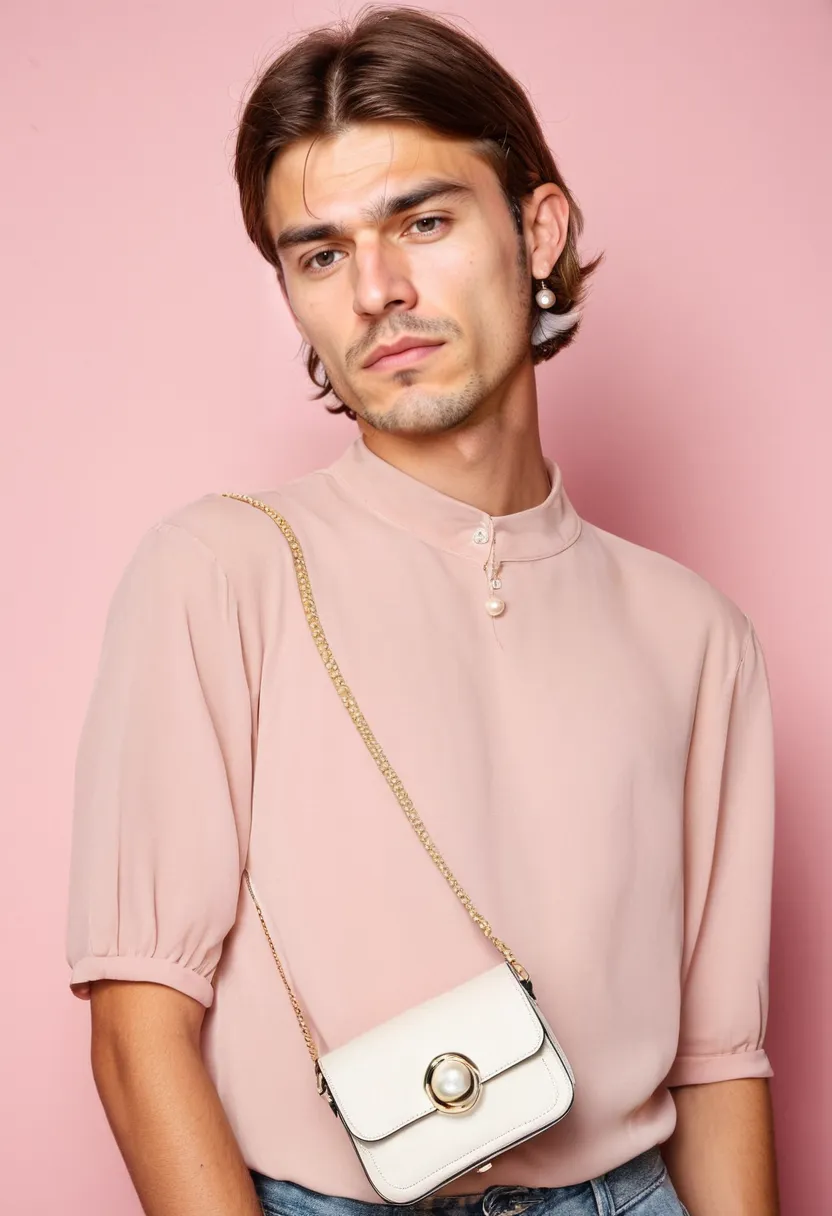 Boy styled with feminine mini bag and chiffon blouse under holographic studio lighting
