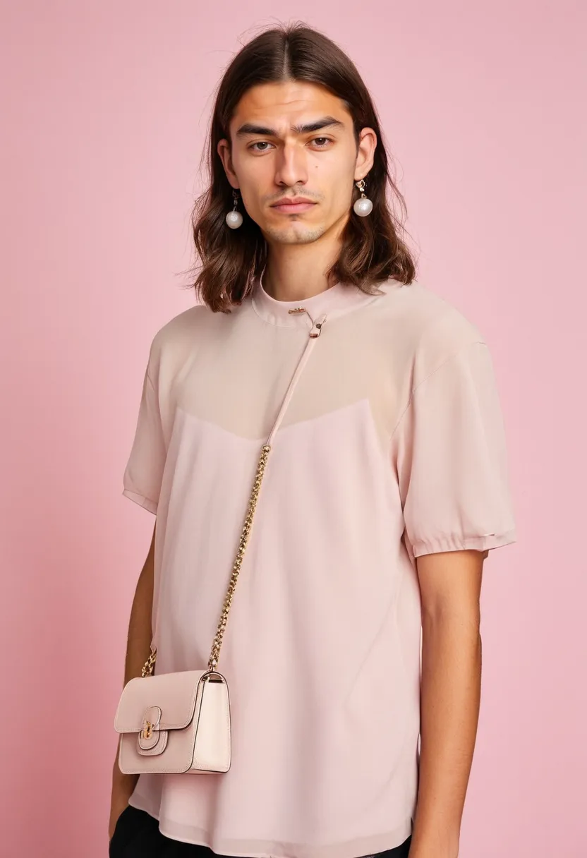 Detail of pearl-embellished blush mini bag paired with pink chiffon blouse in neon noir studio