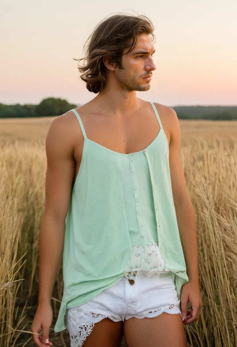 Detail of a mint green cardigan layered over a white lace-trim camisole with visible delicate layers in soft sunset light.