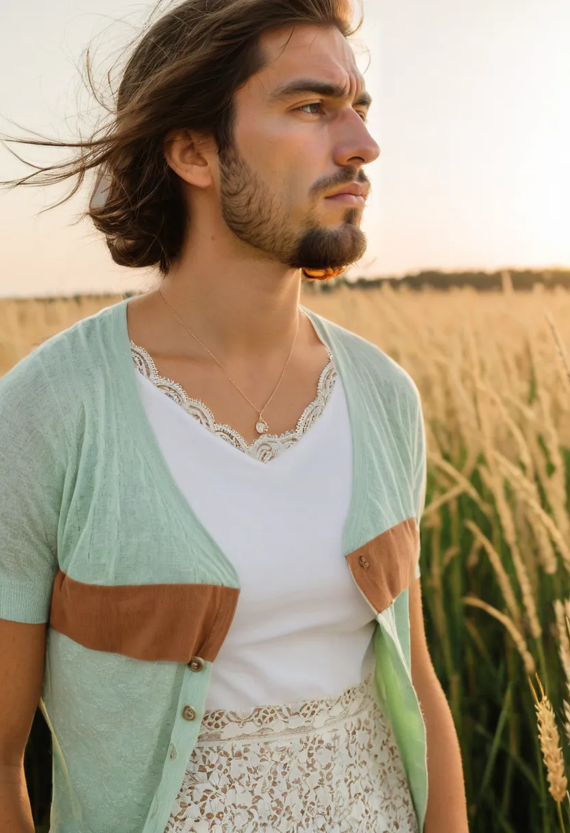 A man wearing a pale mint green fine-knit cardigan open over a white camisole with delicate lace trim at the neckline, soft sunset field background.