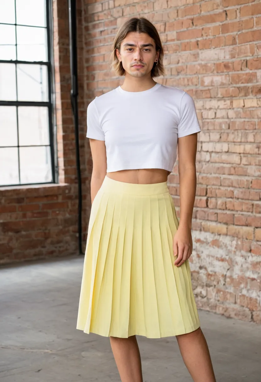 Pastel yellow pleated skirt with white crop top in a clean coordinated palette