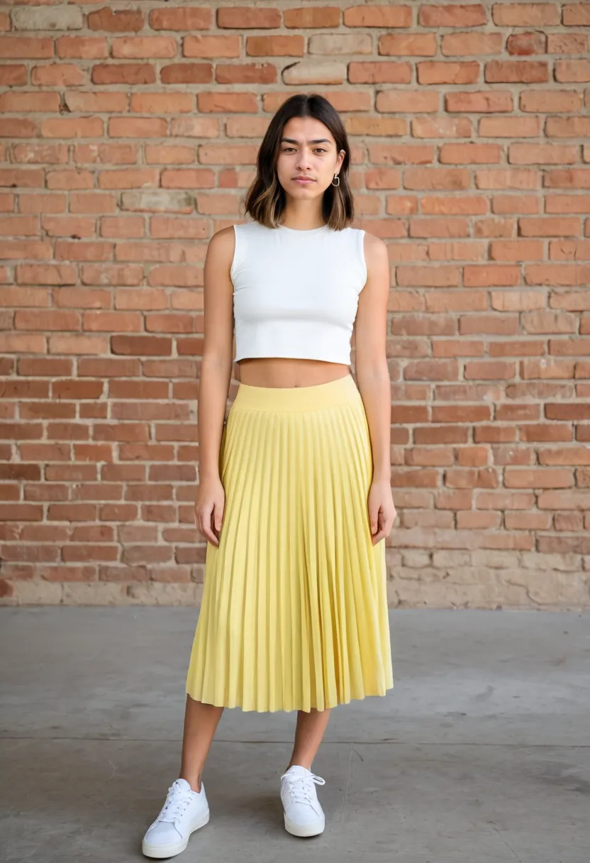 Man wearing a pastel yellow pleated skirt and simple white crop top in lightweight fabrics
