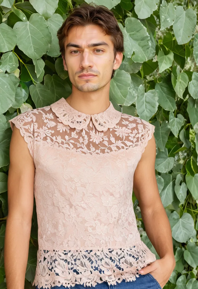 Fitted blush pink lace blouse with scalloped collar and sheer floral overlay