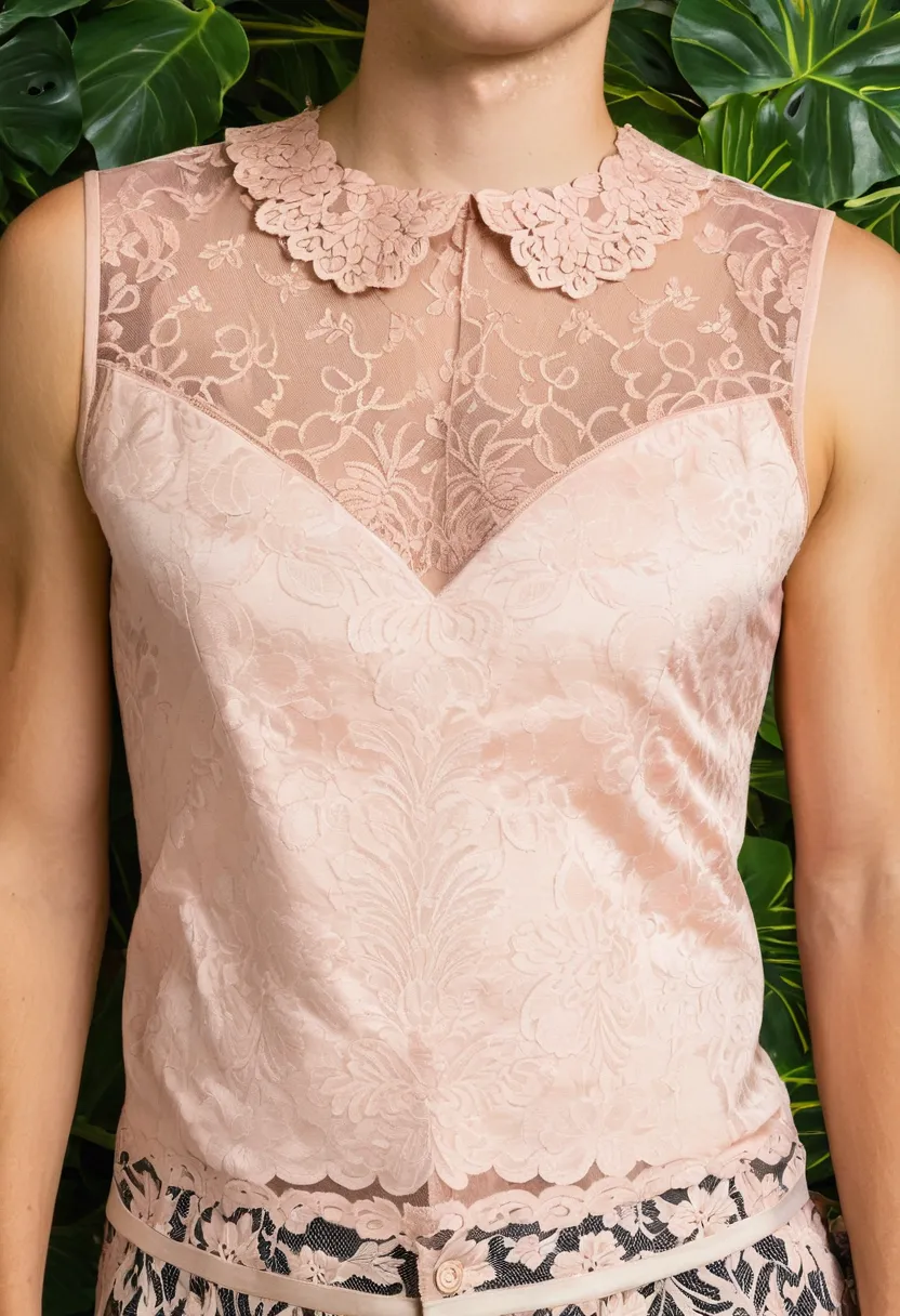 Man wearing a blush pink lace-overlay blouse with satin lining and floral pattern
