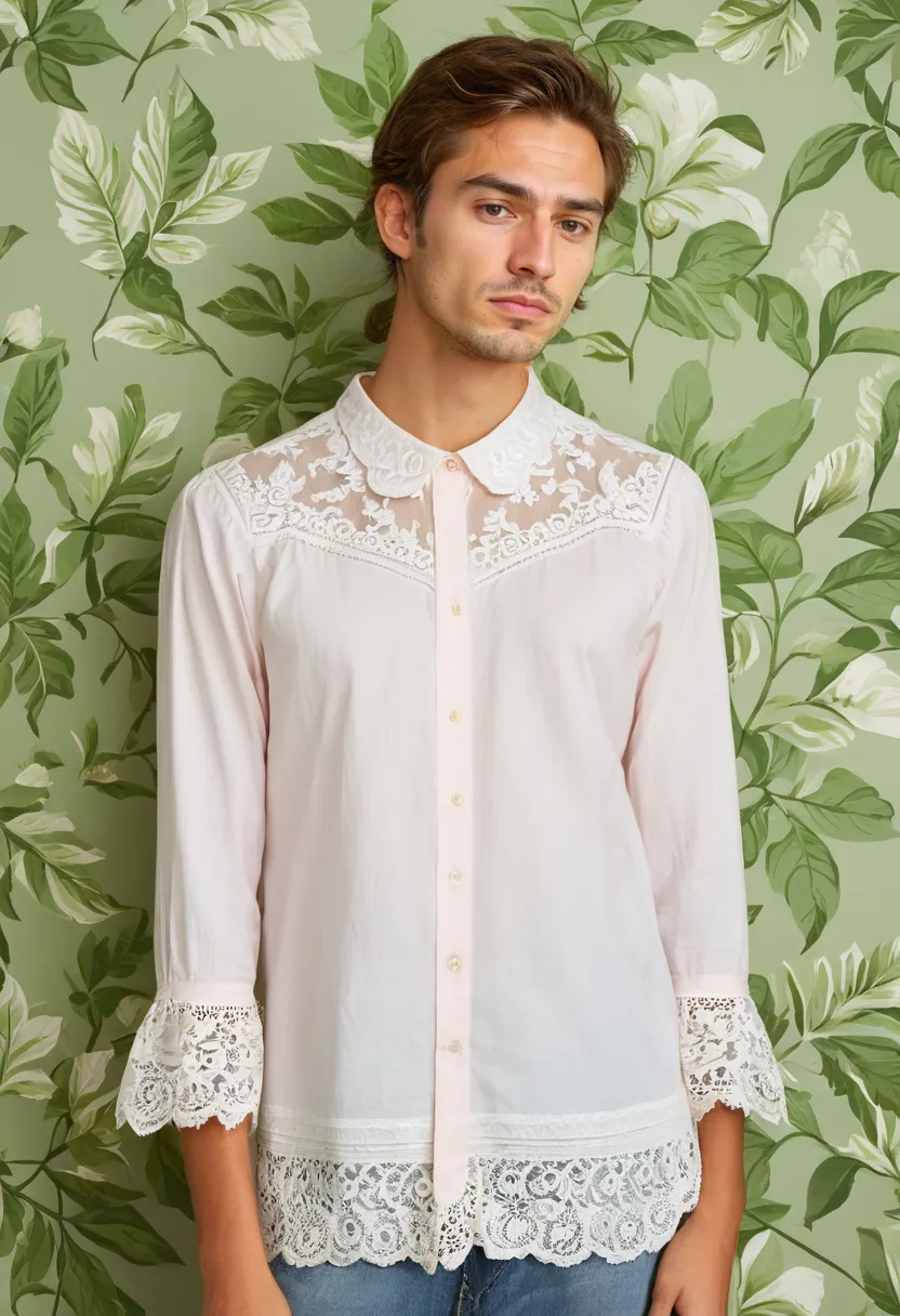 Detail of intricate lace border creating a feminine frame around a pale pink cotton blouse