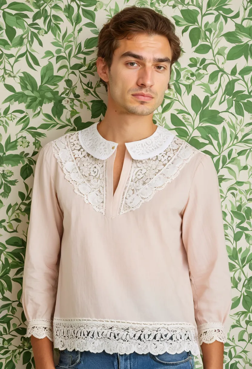 Feminine lace trim fashion men wear with ornate floral lace framing every edge of a soft pink blouse