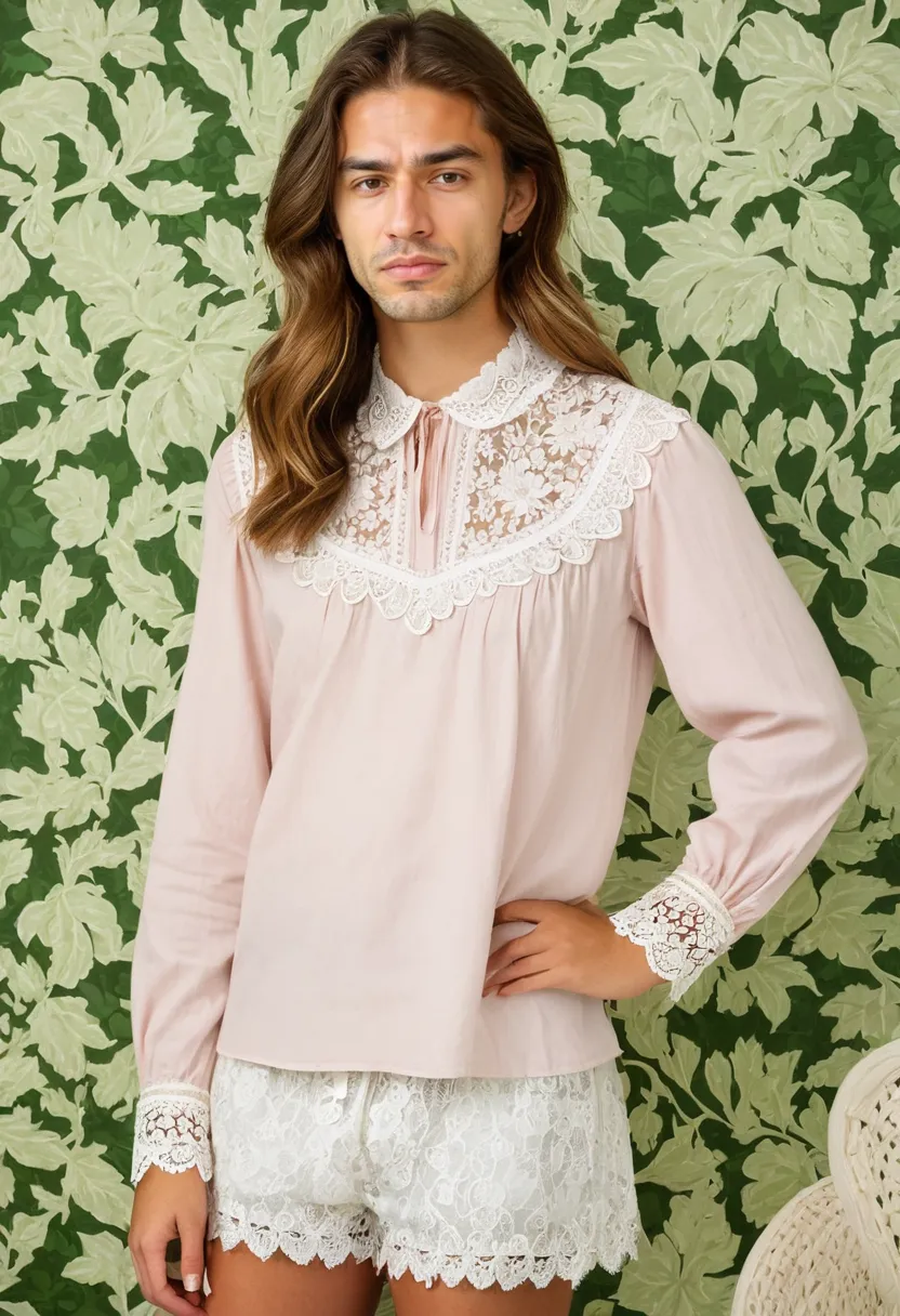 Man wearing pale pink cotton blouse with intricate floral lace trim at collar, cuffs and bottom hem