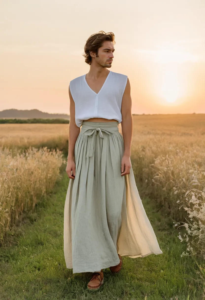 Olive linen maxi skirt paired with ivory chiffon blouse showing soft front tuck at waistband