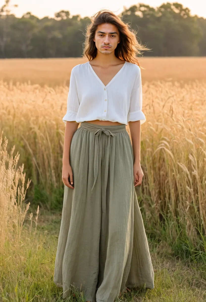 Man wearing soft olive linen maxi skirt with an ivory chiffon blouse loosely tucked at the front