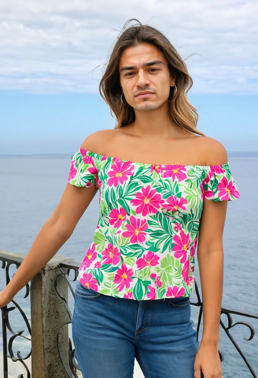 Close-up of a vibrant pink and green floral off-shoulder top on a man, cotton fabric with elasticated neckline, cloudy sky and sea background