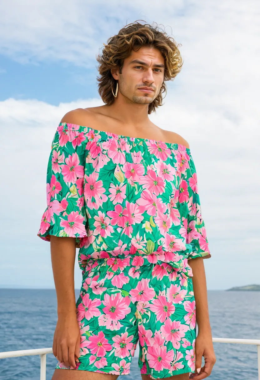 Floral print off-shoulder top in lightweight cotton, fabric hugging the bust and flaring at the hem, pink and green floral pattern on white