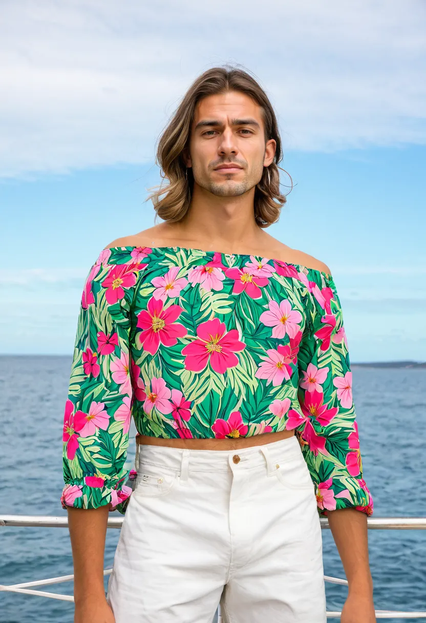 A man wearing an off-shoulder top with a bold floral print on a white background, fitted elasticated neckline across the shoulders, vibrant pink and green floral pattern