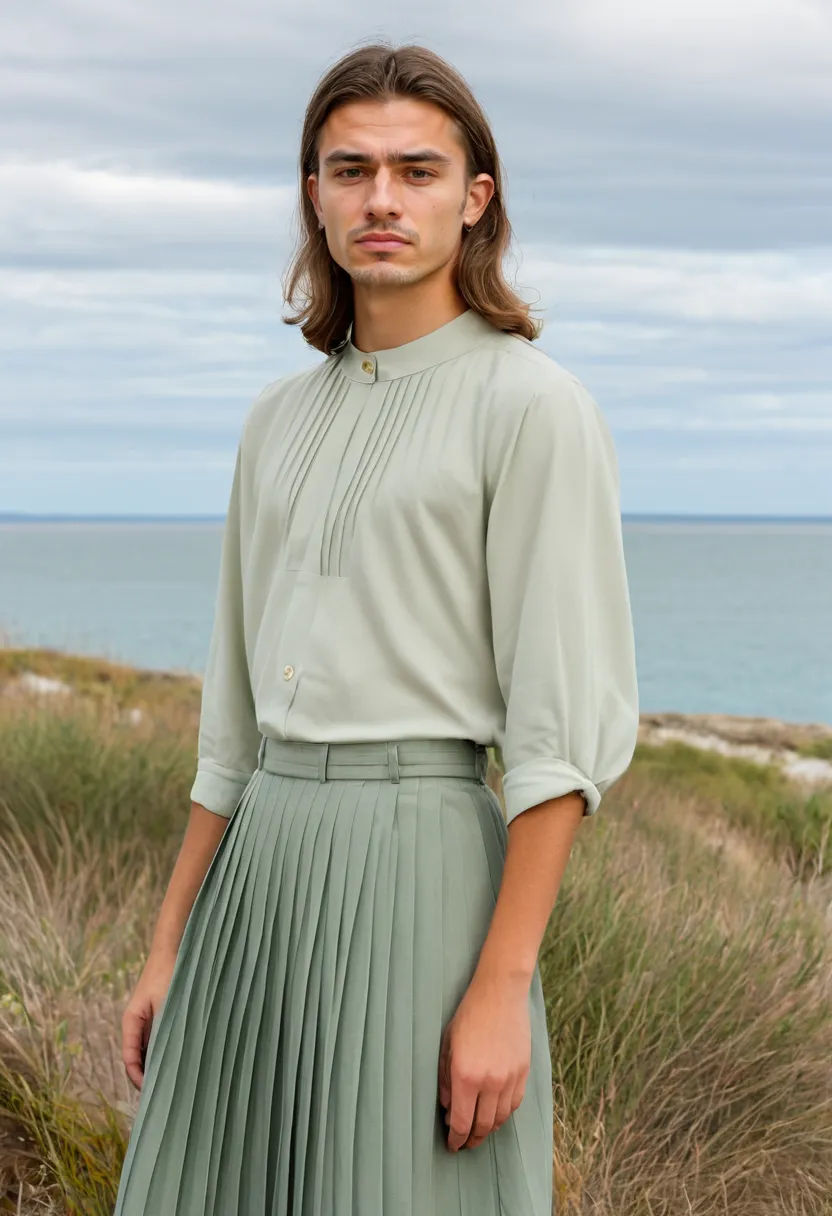 Feminine pleated skirt look on a man, blouse neatly tucked, cloudy sea background
