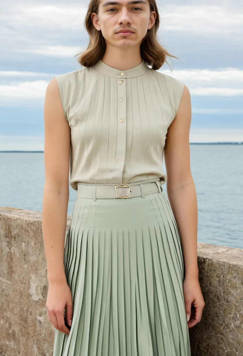 Fine pleated sage skirt paired with a fitted ivory blouse tucked into the waistband