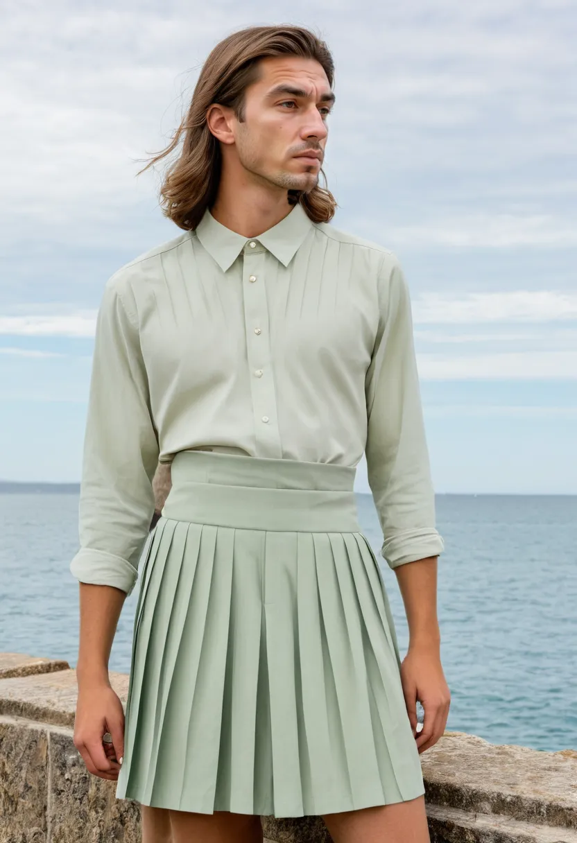 Man wearing a sage green pleated skirt with a tucked-in ivory blouse, pleats running vertically