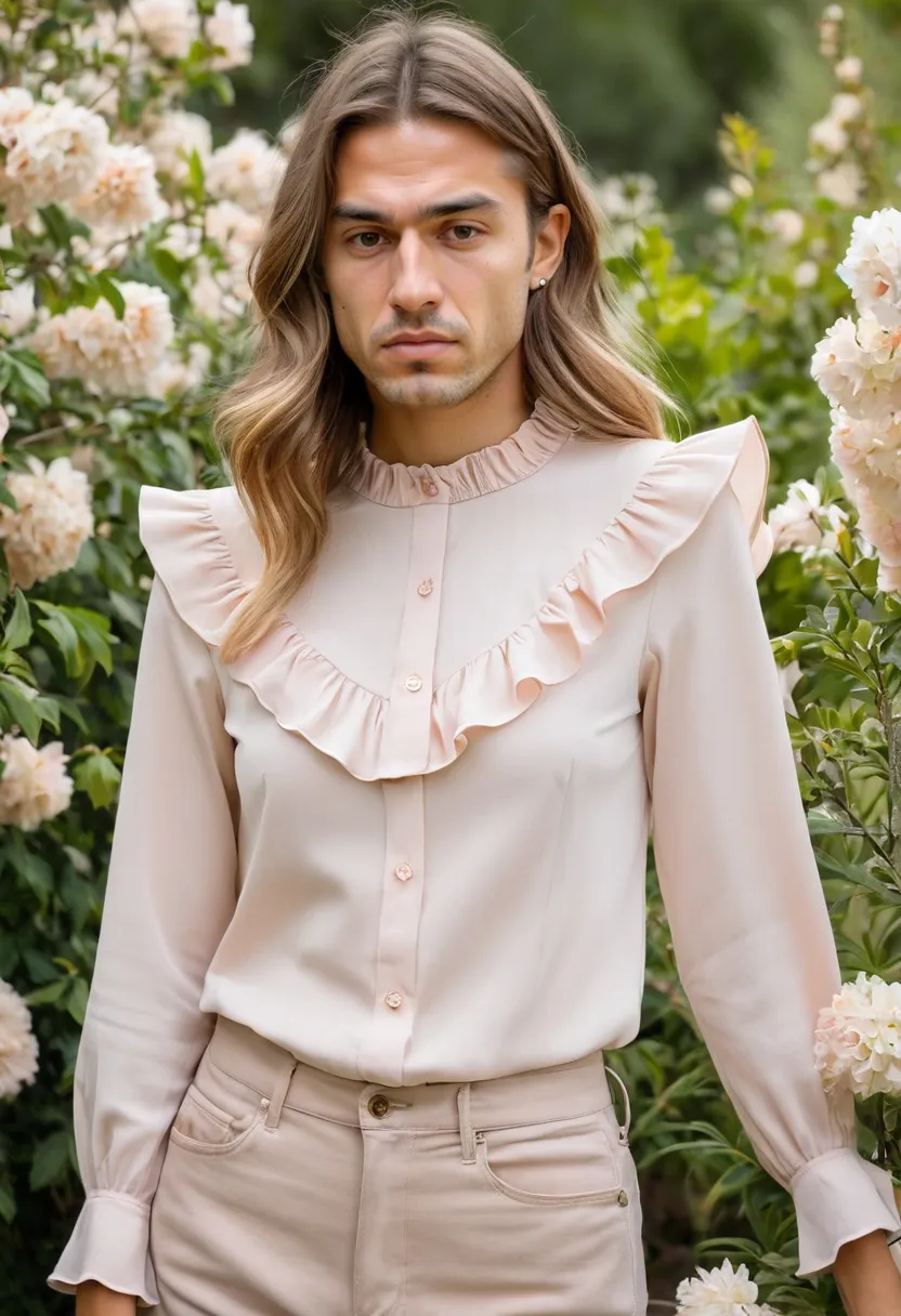 delicate finely pleated ruffles at collar cuffs and hem on lightweight pale blush blouse in blooming garden setting