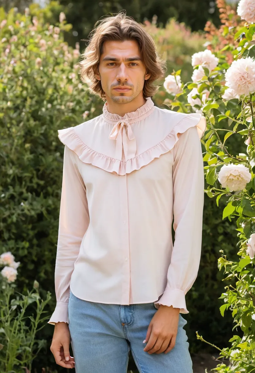 pale blush ruffle shirt with smooth fitted body between ruffle details, soft finish fabric