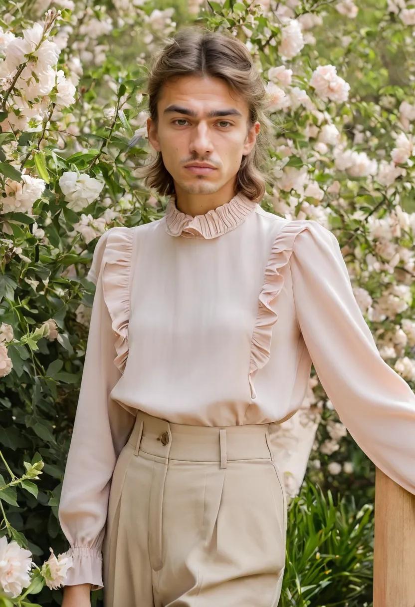 man wearing a soft blush blouse with ruffles at the collar, cuffs and hem, lightweight fabric with delicate finely pleated ruffles