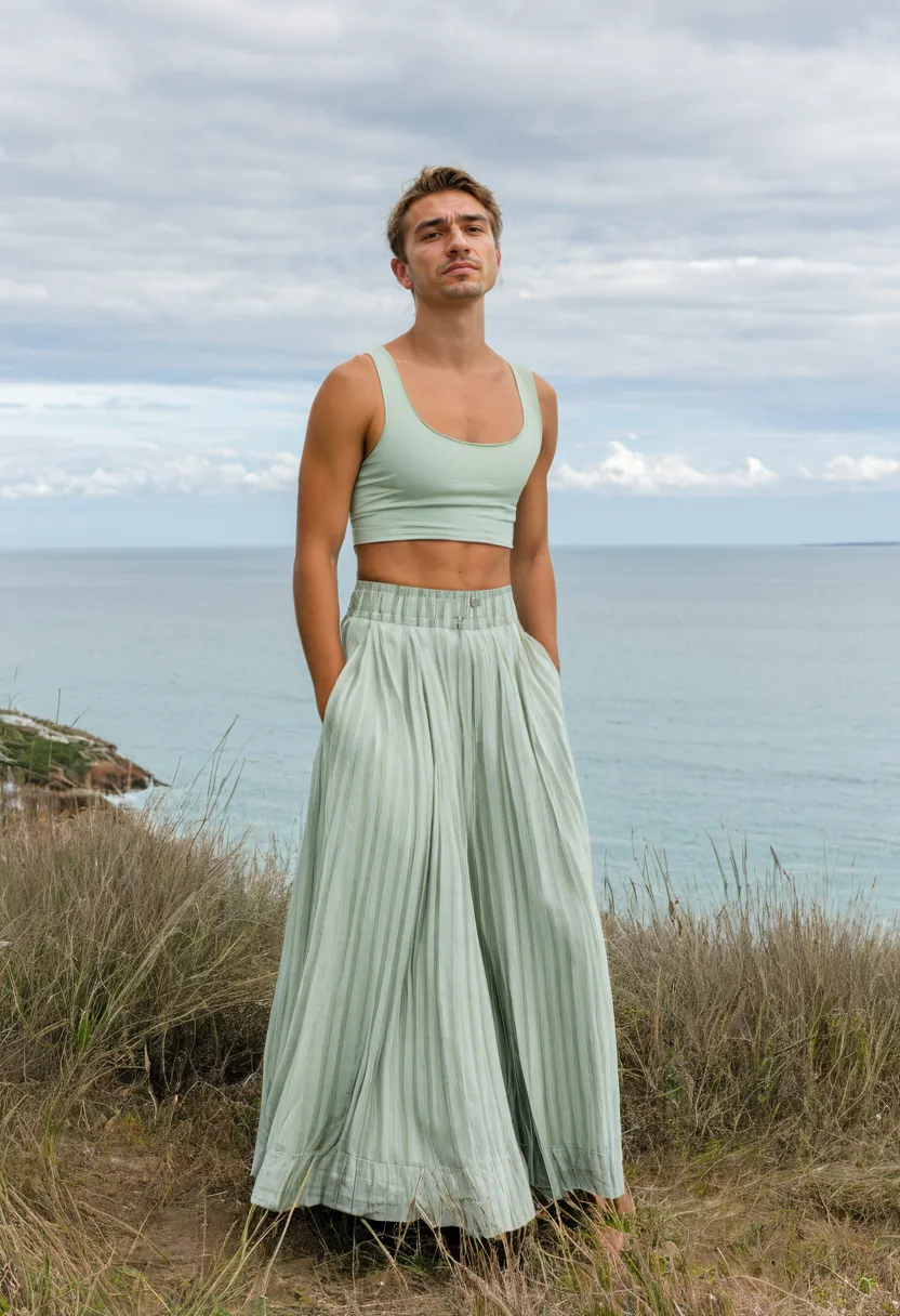 Feminine skirt looks for boys styled with fitted top and sage green flowy skirt against a cloudy sea backdrop