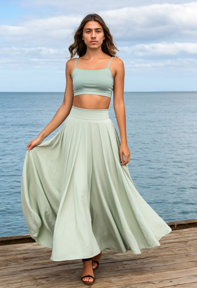 Man wearing a wide pale sage green flowing skirt with fitted crop top, contrast between close-fitting top and billowing skirt