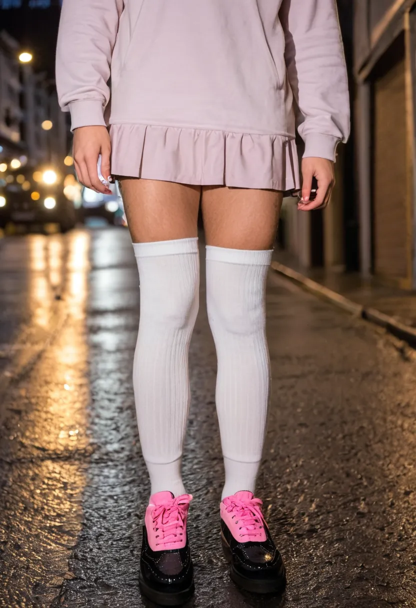 Boy wearing white ribbed thigh-high socks with pastel pink mini skirt showing small gap at thigh on wet night street