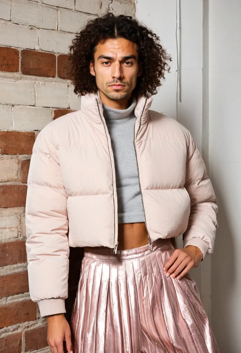 Cropped pink puffer jacket paired with pleated midi skirt in industrial urban setting