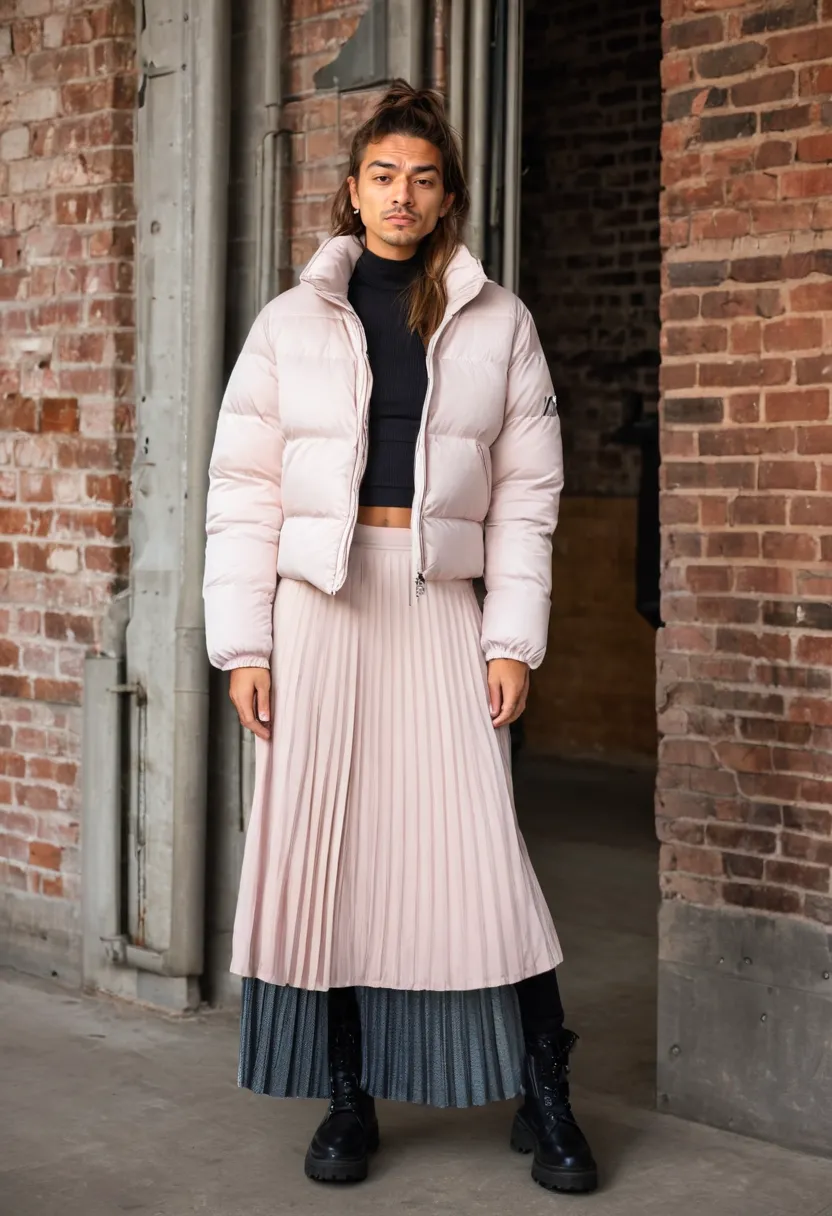 Feminine street fashion boys look featuring shiny quilted nylon puffer and flowing pleated skirt