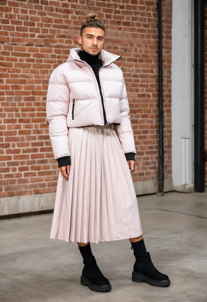Man wearing urban feminine streetwear with cropped soft pink puffer jacket and pleated midi skirt