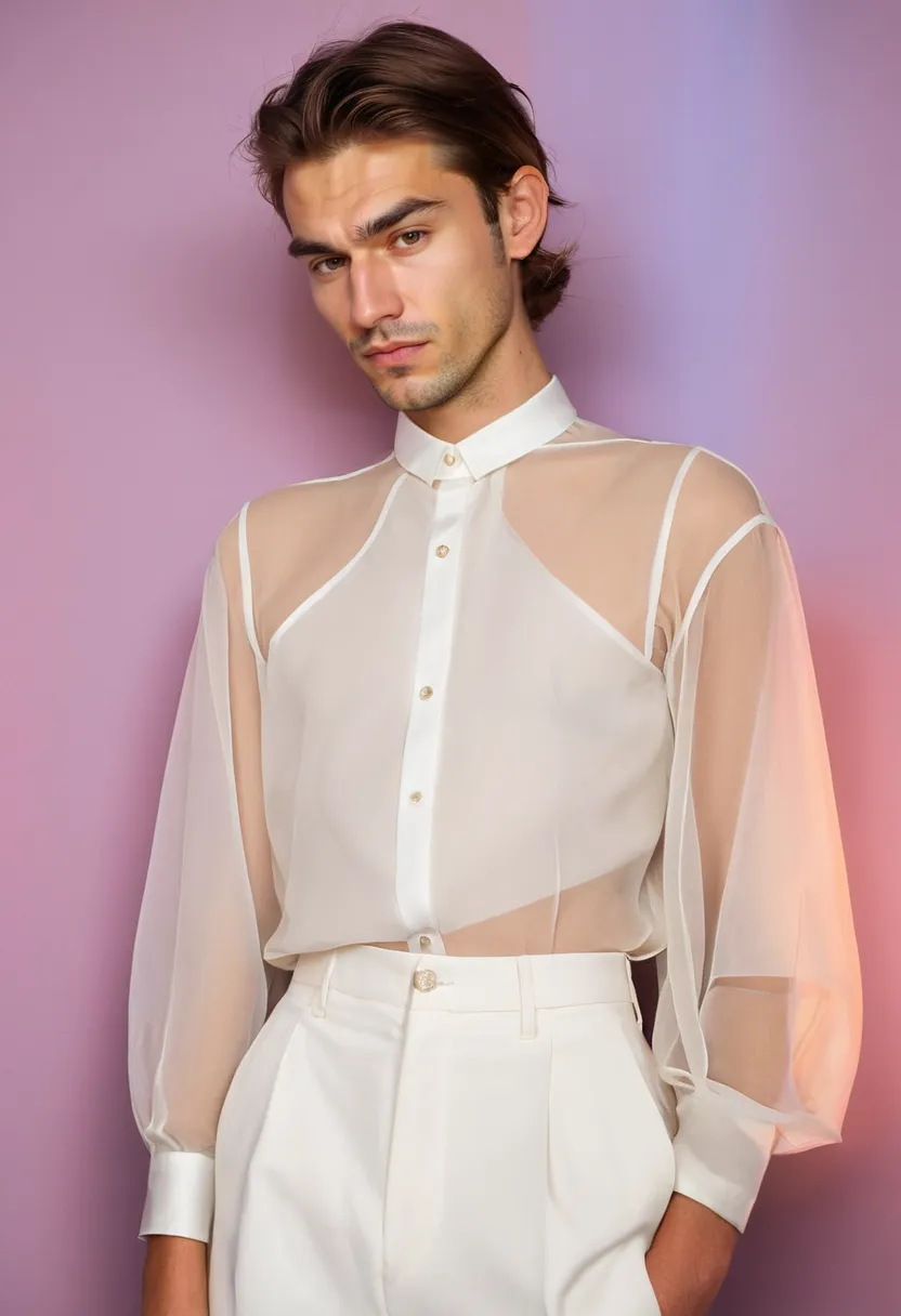 Man wearing an ivory organza blouse, the structured sheer fabric glowing beautifully in soft light with delicate highlights throughout