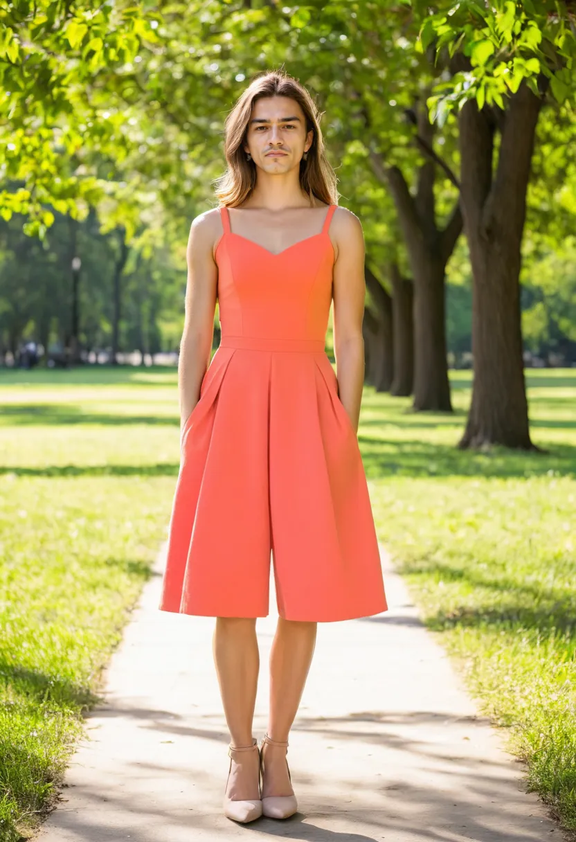 Bright warm coral fitted dress with structured A-line skirt showcasing vivid summer color
