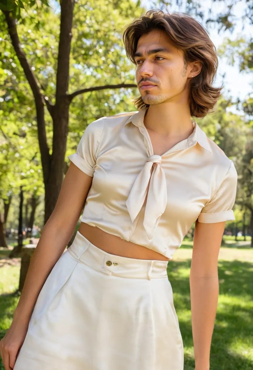Styled outfit featuring cream satin blouse with collar tie detail, tucked silhouette and smooth chest drape on male figure