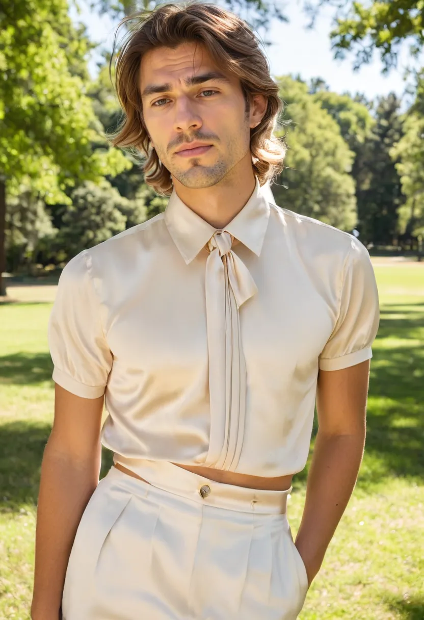 A man wearing a cream feminine blouse tucked into a high-waisted skirt, lightweight satin-finish fabric with subtle sheen, fitted torso and small tie detail at the collar, sunny park background