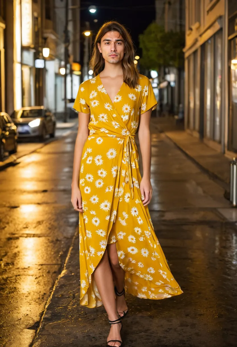 Boy wearing a sunflower yellow wrap dress in lightweight rayon with small white daisy print