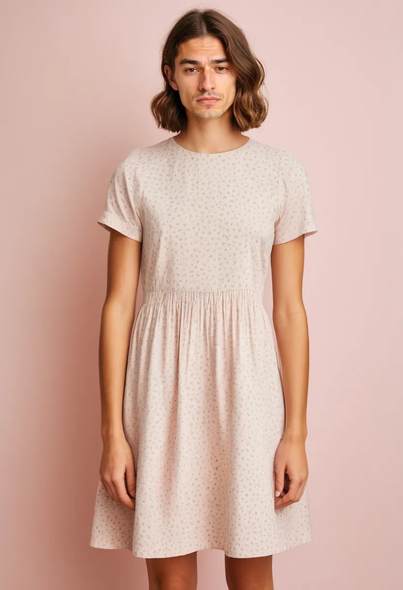 Man in a clean A-line cotton floral dress featuring minimal subtle tonal print