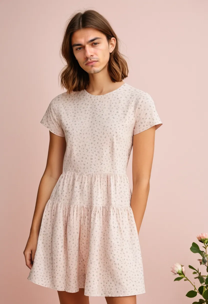 Floral feminine looks for boys with subtle tonal pink flowers on pale pink background