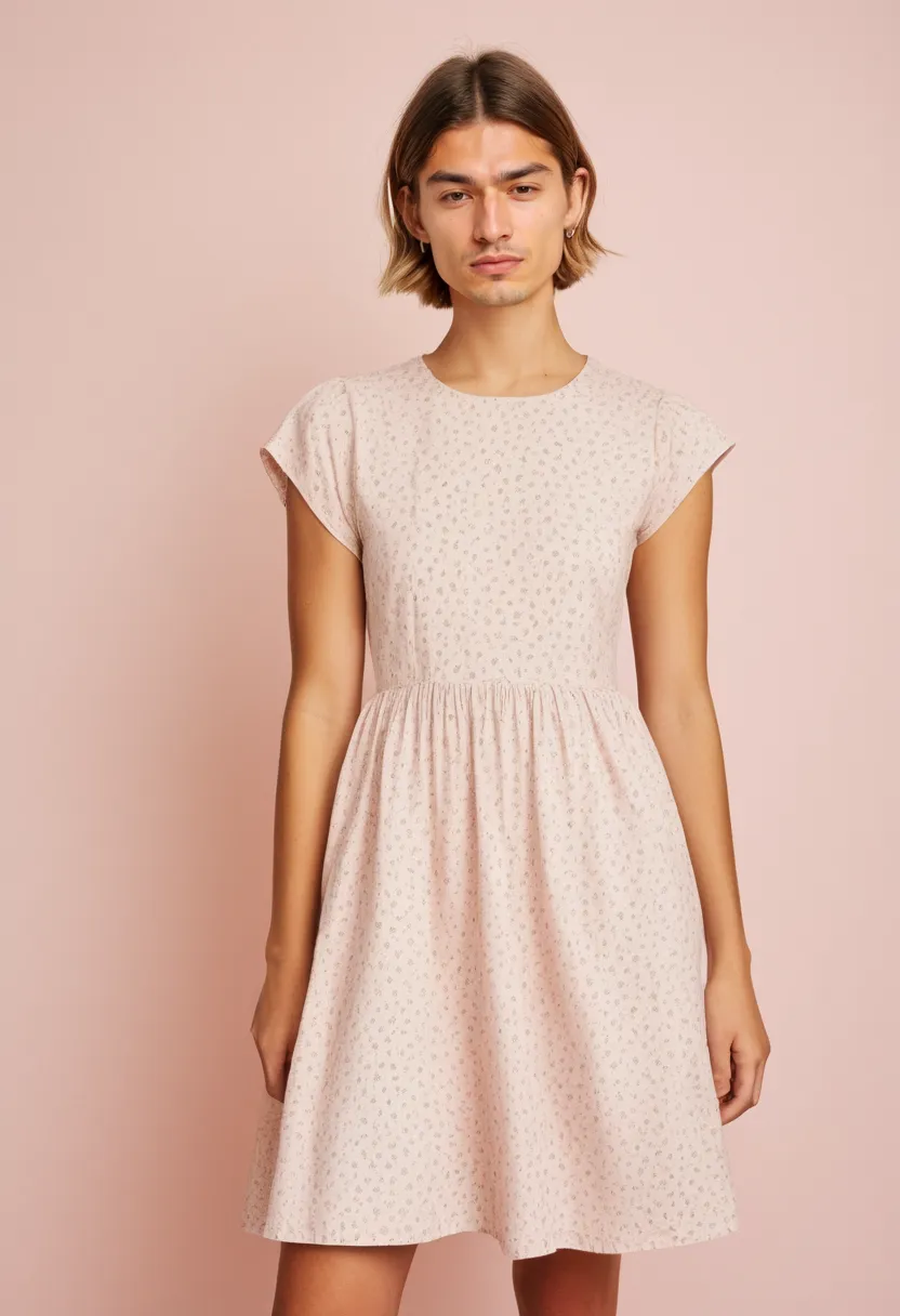 Man wearing a simple floral dress with small tonal pink print on lightweight cotton A-line silhouette