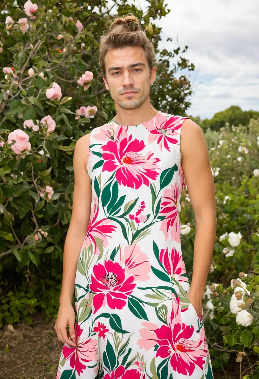 Man in a crisp cotton A-line dress showcasing bold artistic large-scale floral pattern
