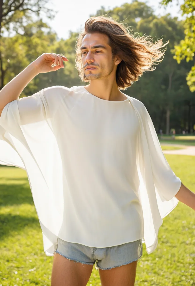 A man wearing an airy ivory white chiffon blouse with wide batwing sleeves billowing softly, semi-sheer weave and loose boxy silhouette, sunny park background